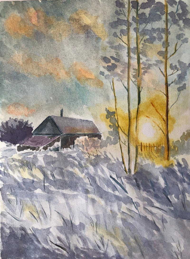 Winter scenery original watercolour painting wall art kitchen painting cabinets - 墙贴/壁贴 - 纸 灰色
