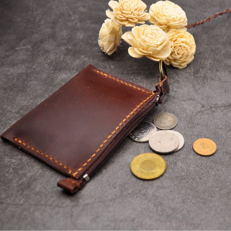 【U6.JP6 手工皮件】-手工缝制进口牛皮咖啡色拉链款简易钱包 - 零钱包 - 真皮 咖啡色