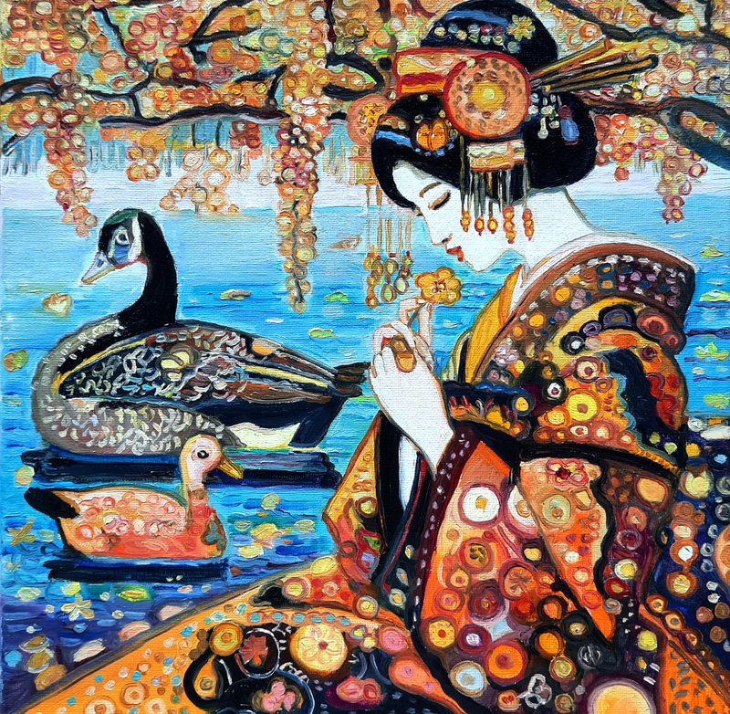 原画 The Geisha with ducks 绘画 原创艺术 油画 布面油画 - 墙贴/壁贴 - 其他材质 蓝色