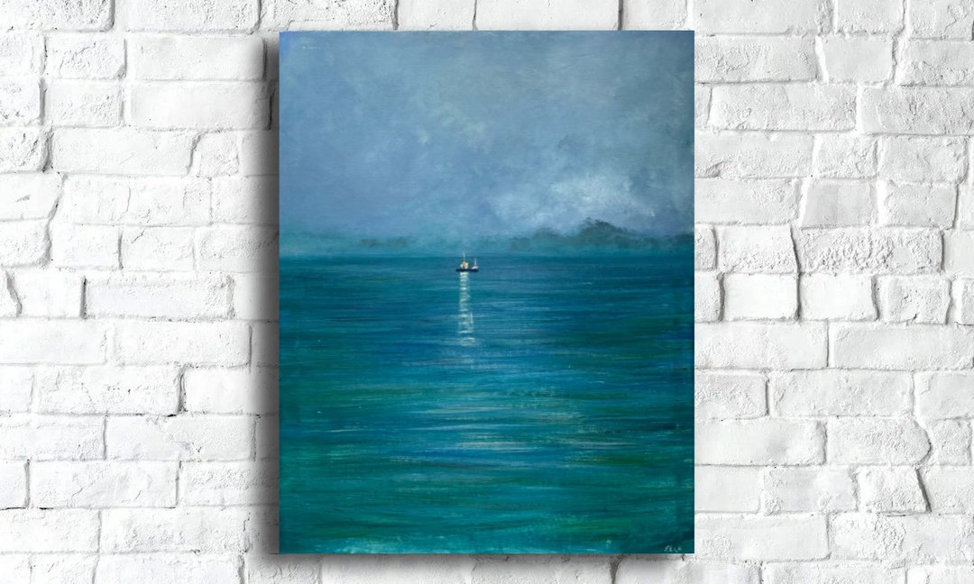 Ship Painting Original, Oil On Canvas, Night Painting, Ship Wall Decor - 海报/装饰画/版画 - 其他材质 绿色