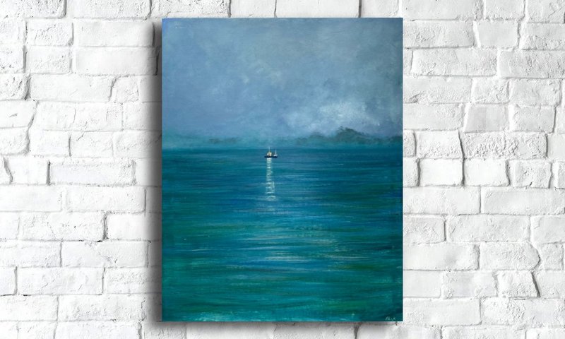 Ship Painting Original, Oil On Canvas, Night Painting, Ship Wall Decor - 海报/装饰画/版画 - 其他材质 绿色