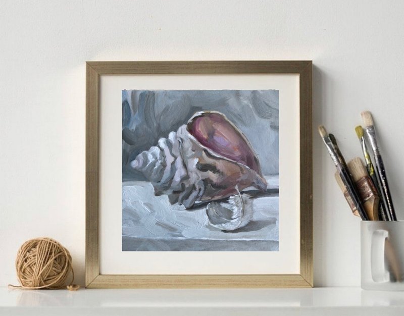 Shell and feathers original oil painting. Size 15x15 cm. Ready for ship. - 墙贴/壁贴 - 其他材质 灰色