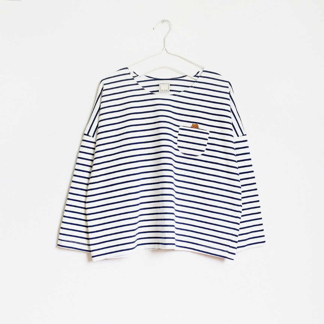 cat soup t-shirt : white × navy - 女装 T 恤 - 聚酯纤维 蓝色
