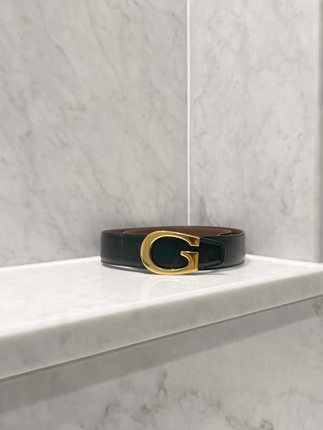 Gucci黑啡色双面皮带金G金属扣皮腰带 日本中古二手Vintage - 皮带/腰带 - 真皮 咖啡色