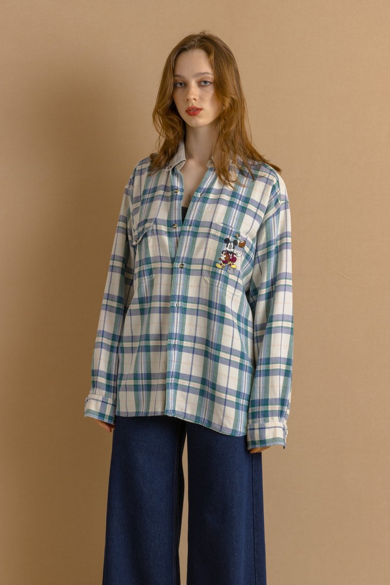 迪士尼格纹迪士尼乐园纯棉男女同款衬衫 钮扣领衬衫 7453 - 中性连帽卫衣/T 恤 - 棉．麻 蓝色