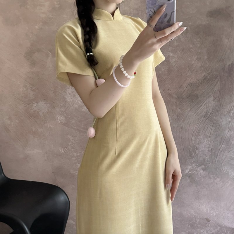 马卡龙色系 / 新中式复古旗袍连身裙 / 格纹 - 洋装/连衣裙 - 其他材质 多色