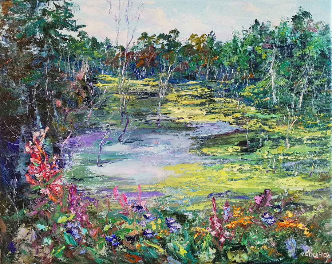 Pond Forest Flowers Oil Painting Landscape Impasto Original Artist SvinarOksana - 其他 - 其他材质 多色