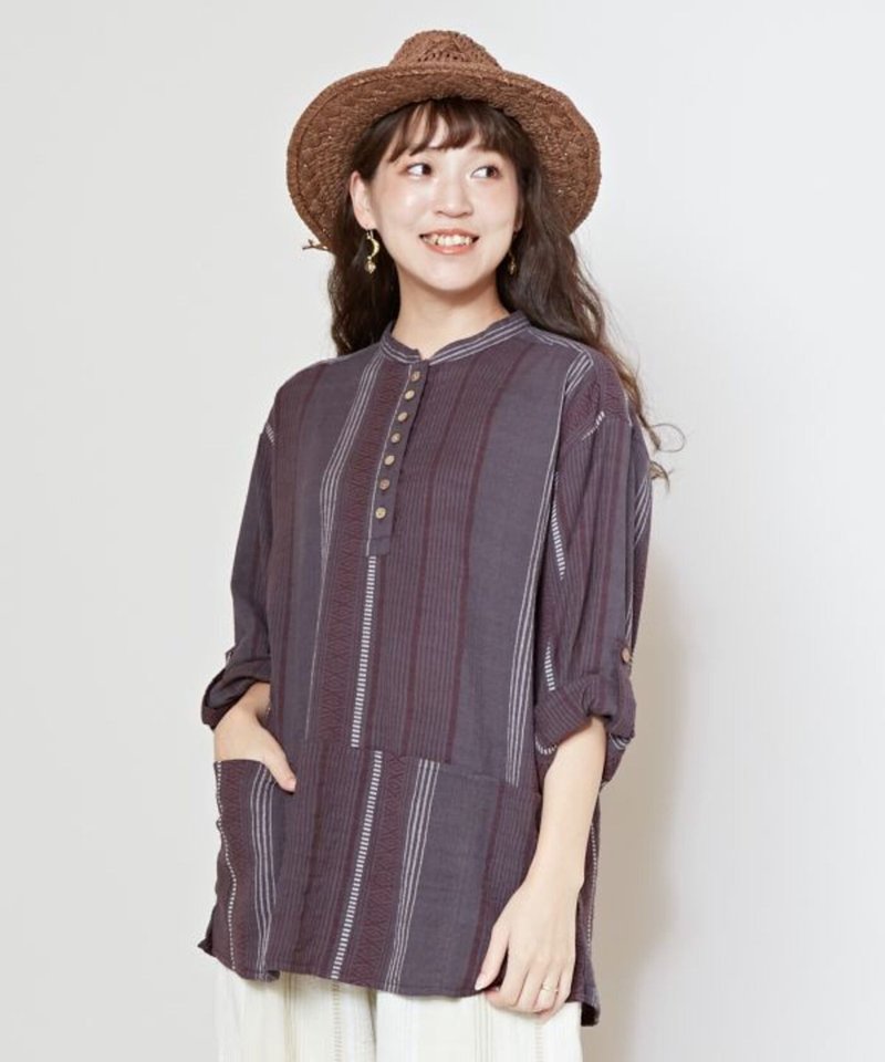 【热门预购】南印度名俗条纹编织纹理慵懒无领衬衫(3色) IMC-5101 - 女装衬衫 - 棉．麻 