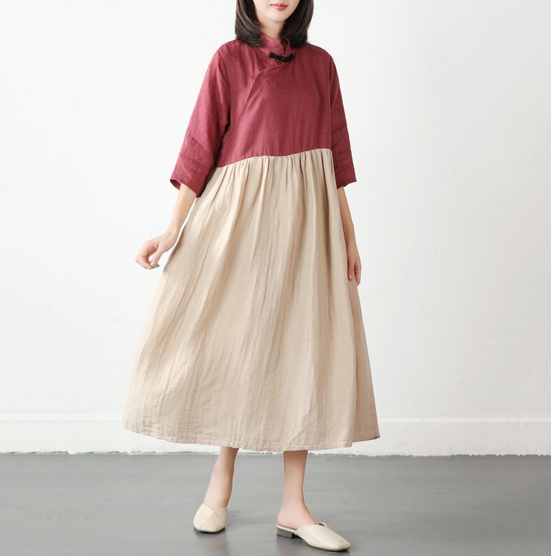 夏日酒红色拼米色连衣裙 / 七分袖 / 复古风棉麻连衣裙 - 洋装/连衣裙 - 棉．麻 红色