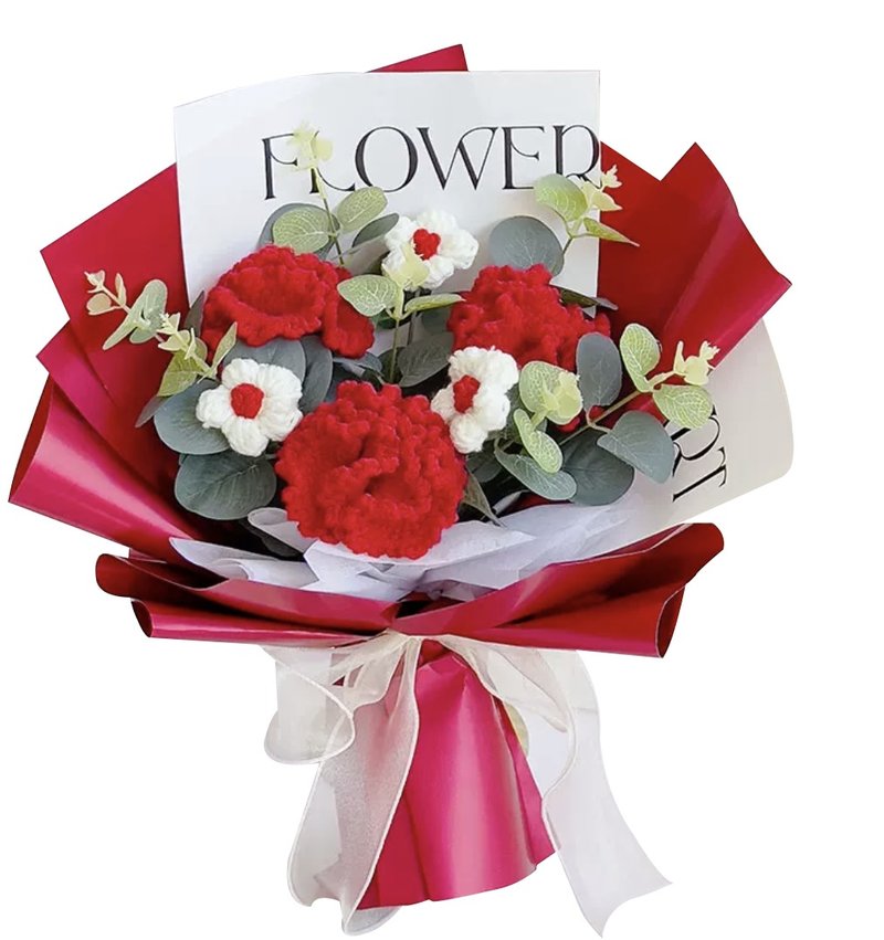 情人节礼盒   定制化礼物2025精致手织钩织康乃馨与蓬松小菊 - 干燥花/捧花 - 棉．麻 红色