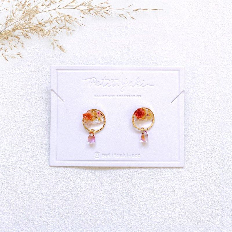 镜花水月 | 干花 树脂 水滴珠 耳环 - 耳环/耳夹 - 树脂 橘色