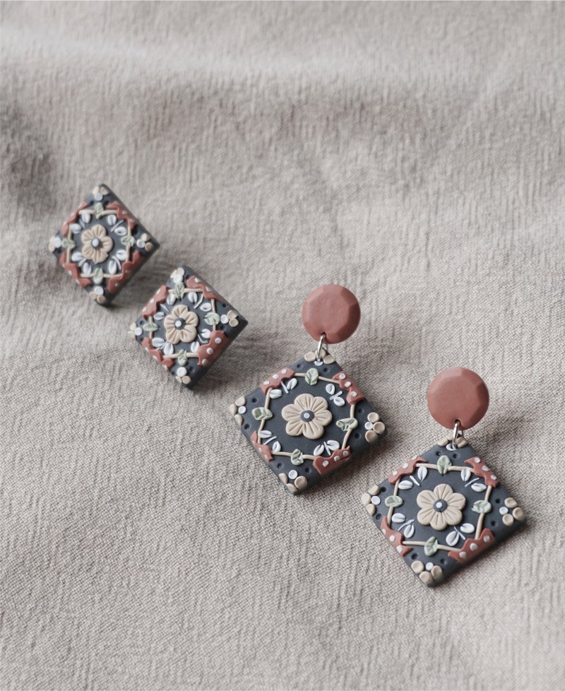 PARTY FOR EARS| 花砖软陶耳环 低调炭黑色耳针耳夹 S925纯银 - 耳环/耳夹 - 陶 灰色