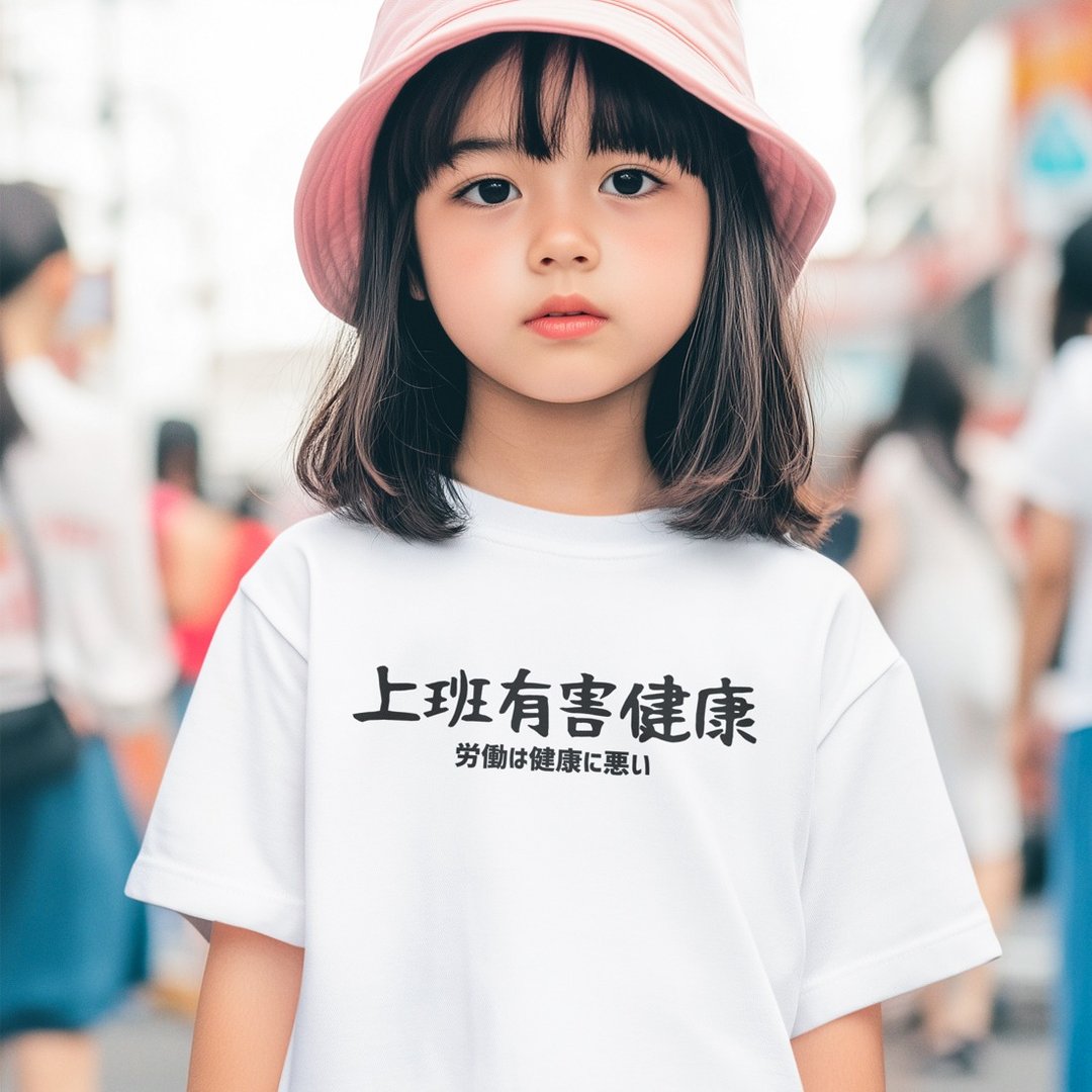 日文上班有害健康 儿童短袖T恤 白色 童装婴幼儿亲子装潮T男女童 - 童装上衣 - 棉 白色