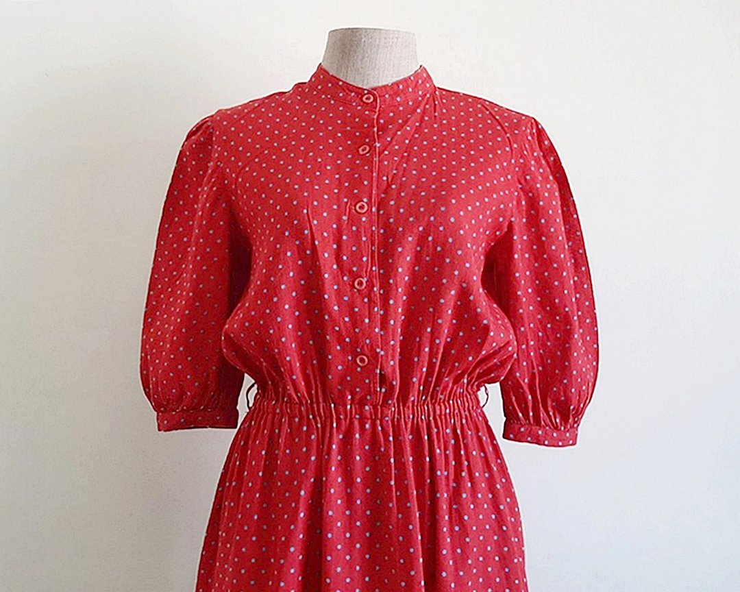 Vintage Red Polka Dot Dress - 洋装/连衣裙 - 棉．麻 红色