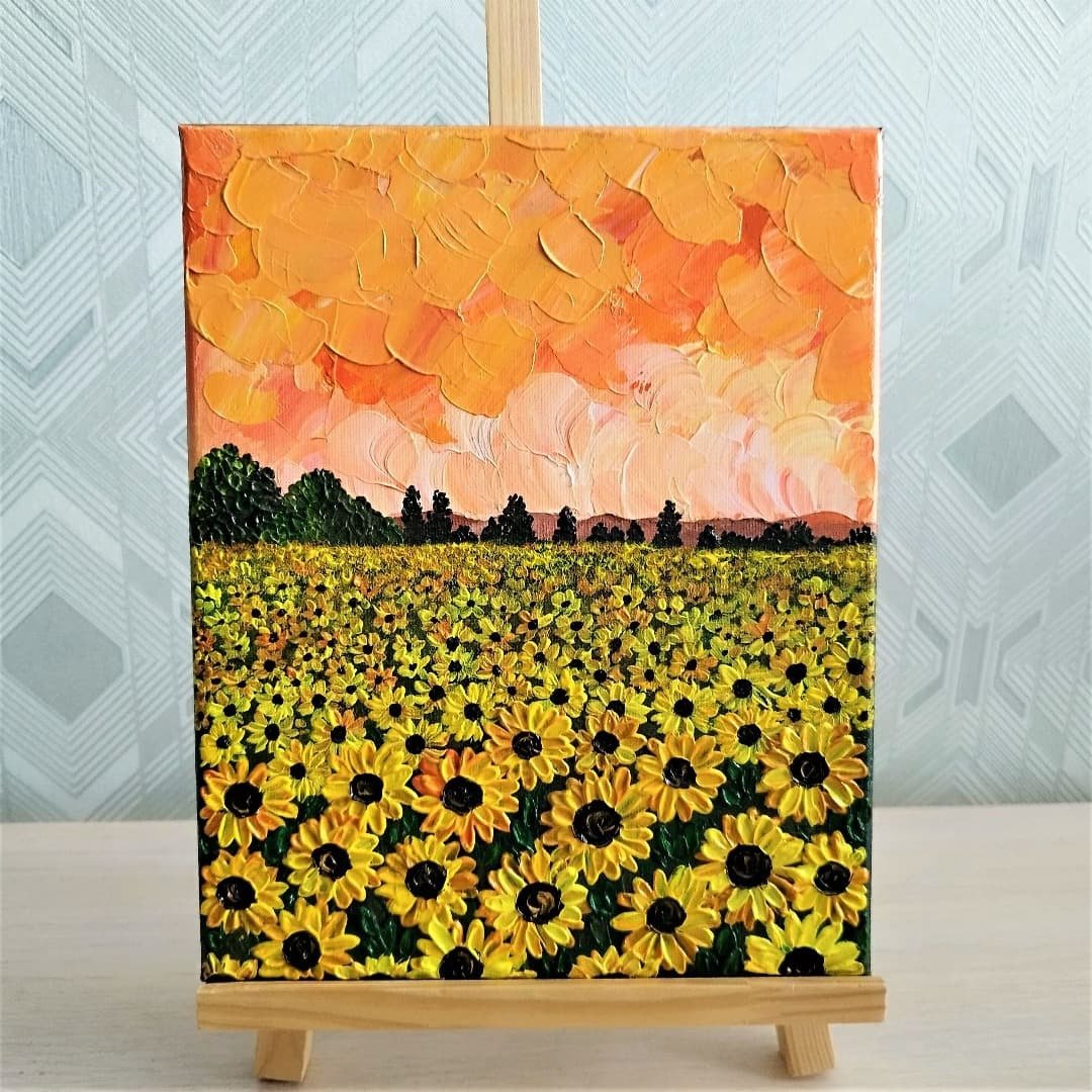 畫 Sunflowers painting Floral landscape original artwork Yellow Flowers painting - 墙贴/壁贴 - 压克力 多色