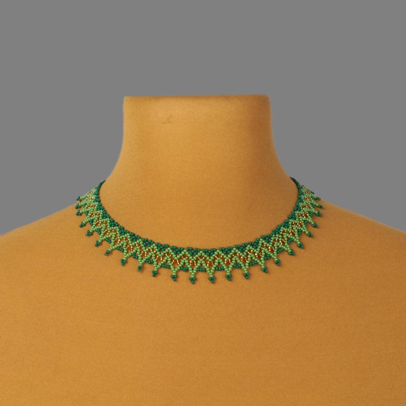 绿色与金色串珠颈链 - 项链 - 玻璃 绿色