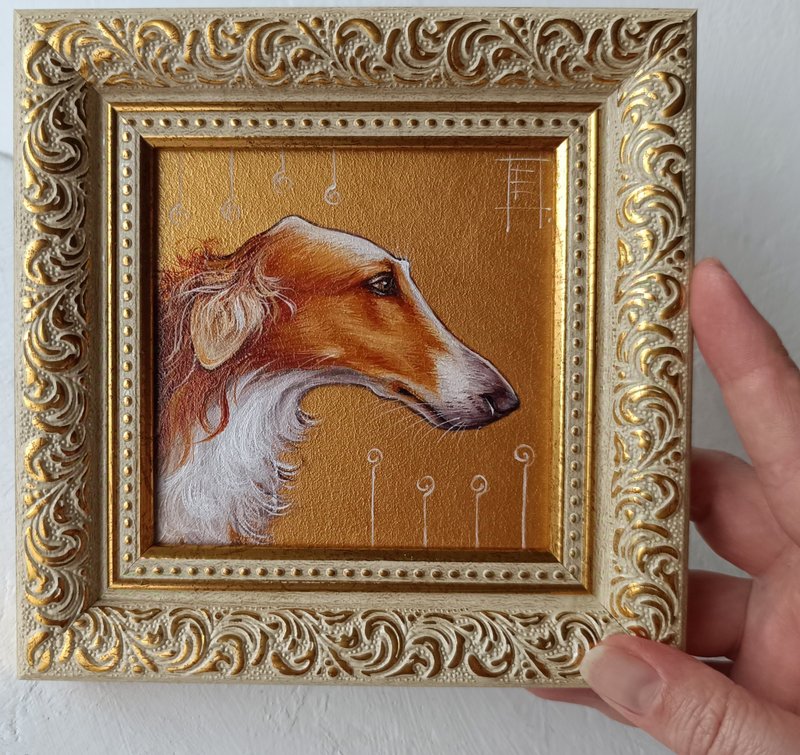 猎狼犬油原框金画狗艺术 10*10 厘米 - 墙贴/壁贴 - 其他材质 金色