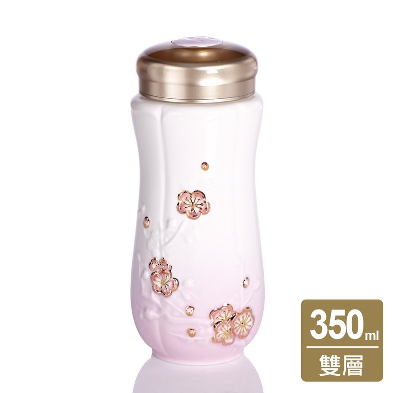 红梅报春随身杯 / 大 / 双层 / 白粉红彩金 - 水瓶/水壶 - 瓷 