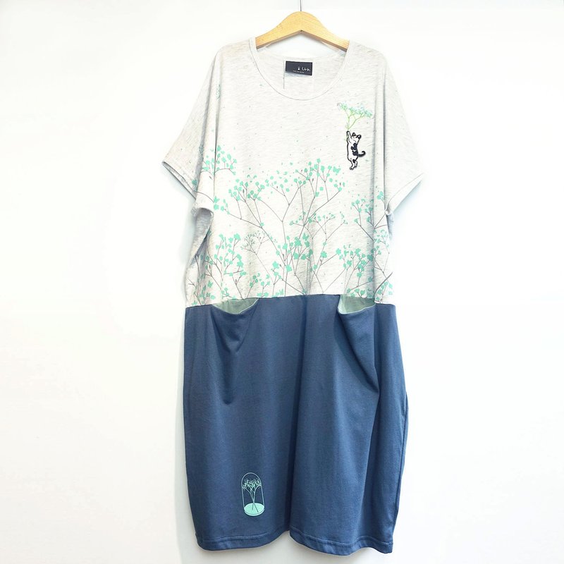 【满天星猫】前口袋洋装 (麻灰白+灰蓝) - 洋装/连衣裙 - 棉．麻 白色