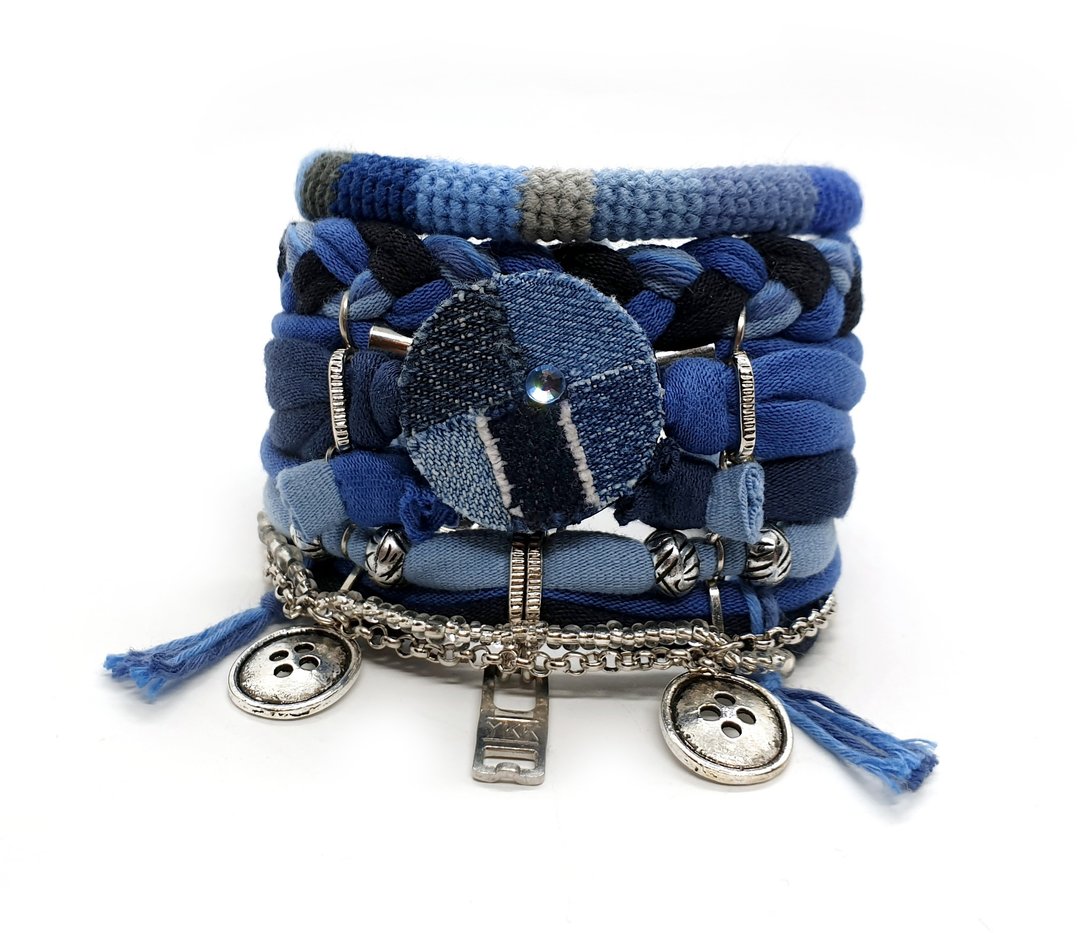 Blue Denim Patchwork Hippie Bracelet Multi Layer Button Charm Seamstress Gift - 手链/手环 - 棉 蓝色