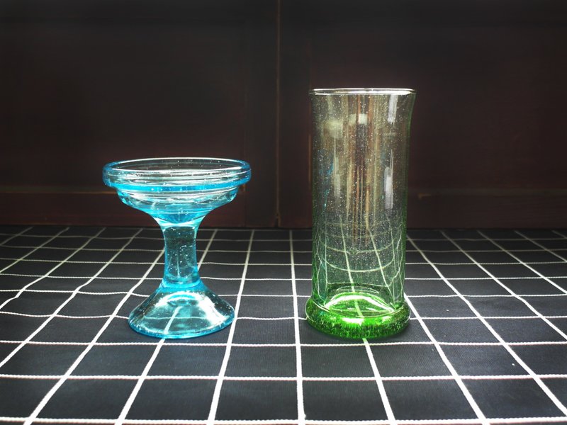 早期有色玻璃杯-蓝色浅湾与青绿河畔 (餐具/旧物/老件/玻璃) - 玻璃杯 - 玻璃 多色
