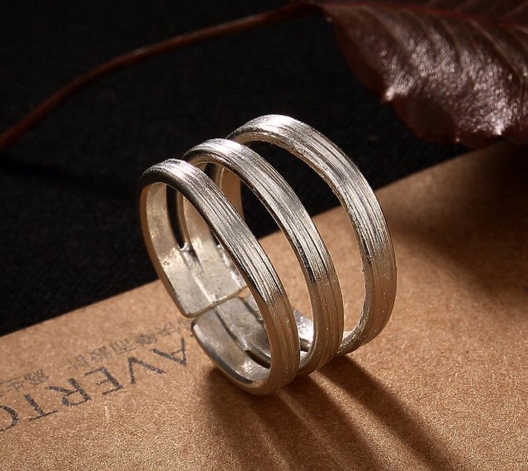 925 Sterling Silver Finger Ring Simple 3 Circles Wide Rings Women Handmade Brush - 戒指 - 纯银 银色