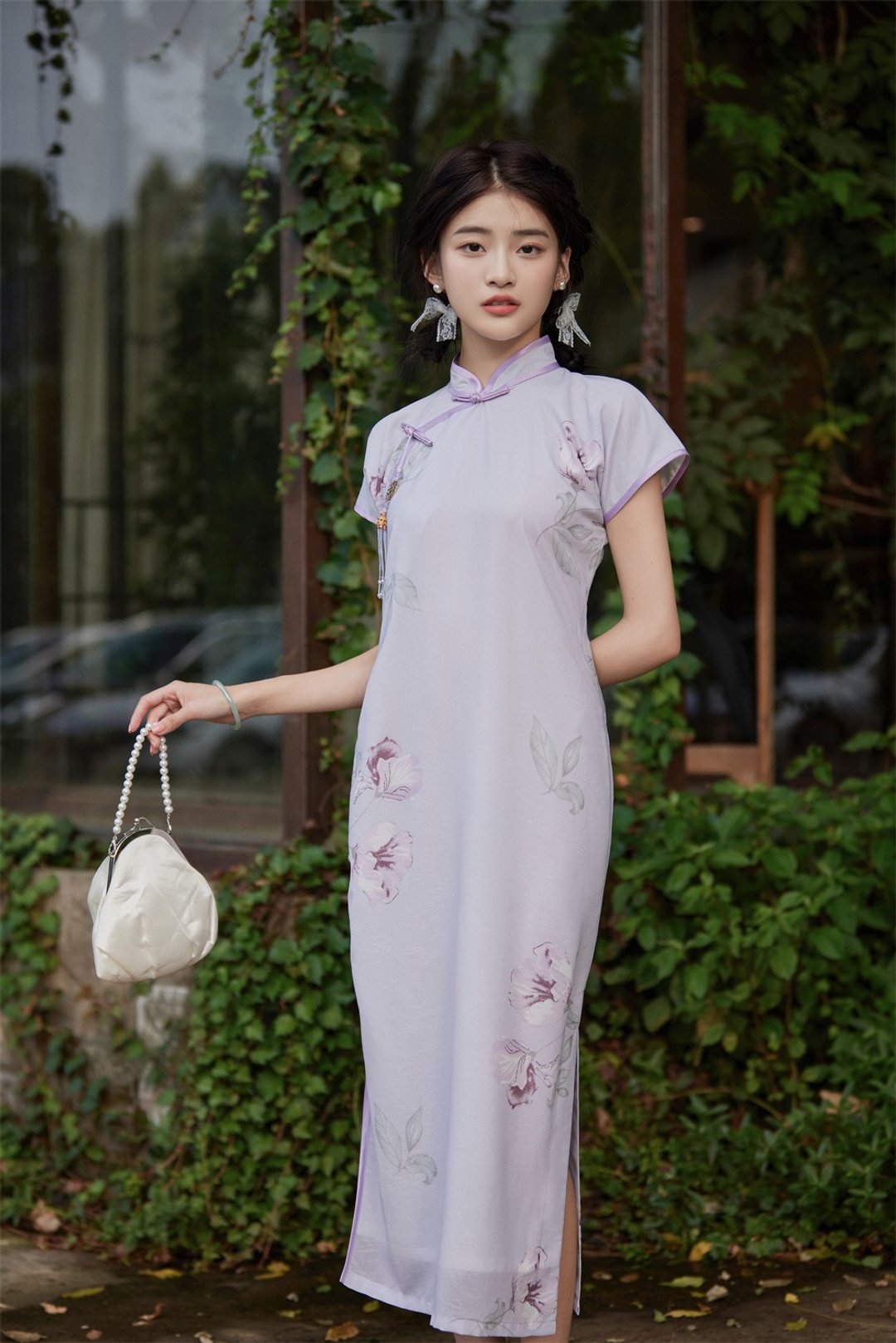 淺紫色 復古印花民國古法少女旗袍 新中式中秋春節改良連身裙洋裝 - 旗袍 - 其他人造纤维 紫色
