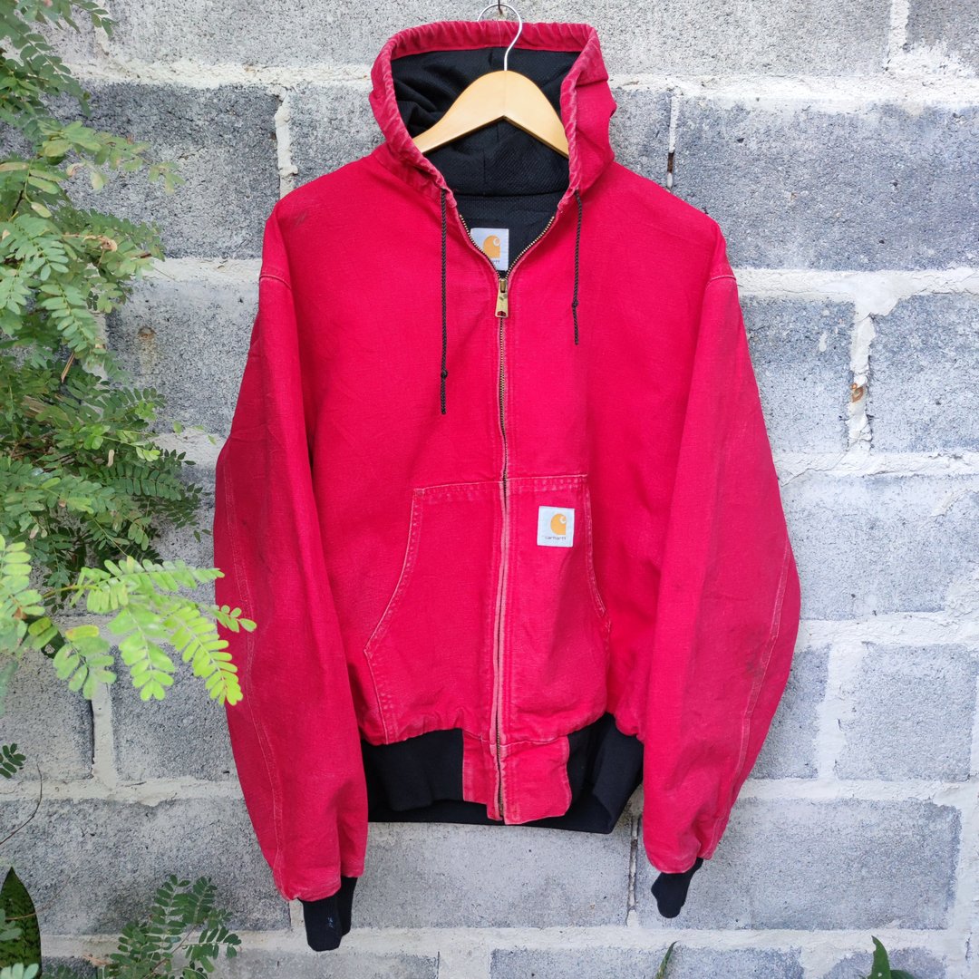 Vintage 90s Carhartt Faded Zip Up Hooded Thermal Canvas Size XL - 男装外套 - 棉 红色