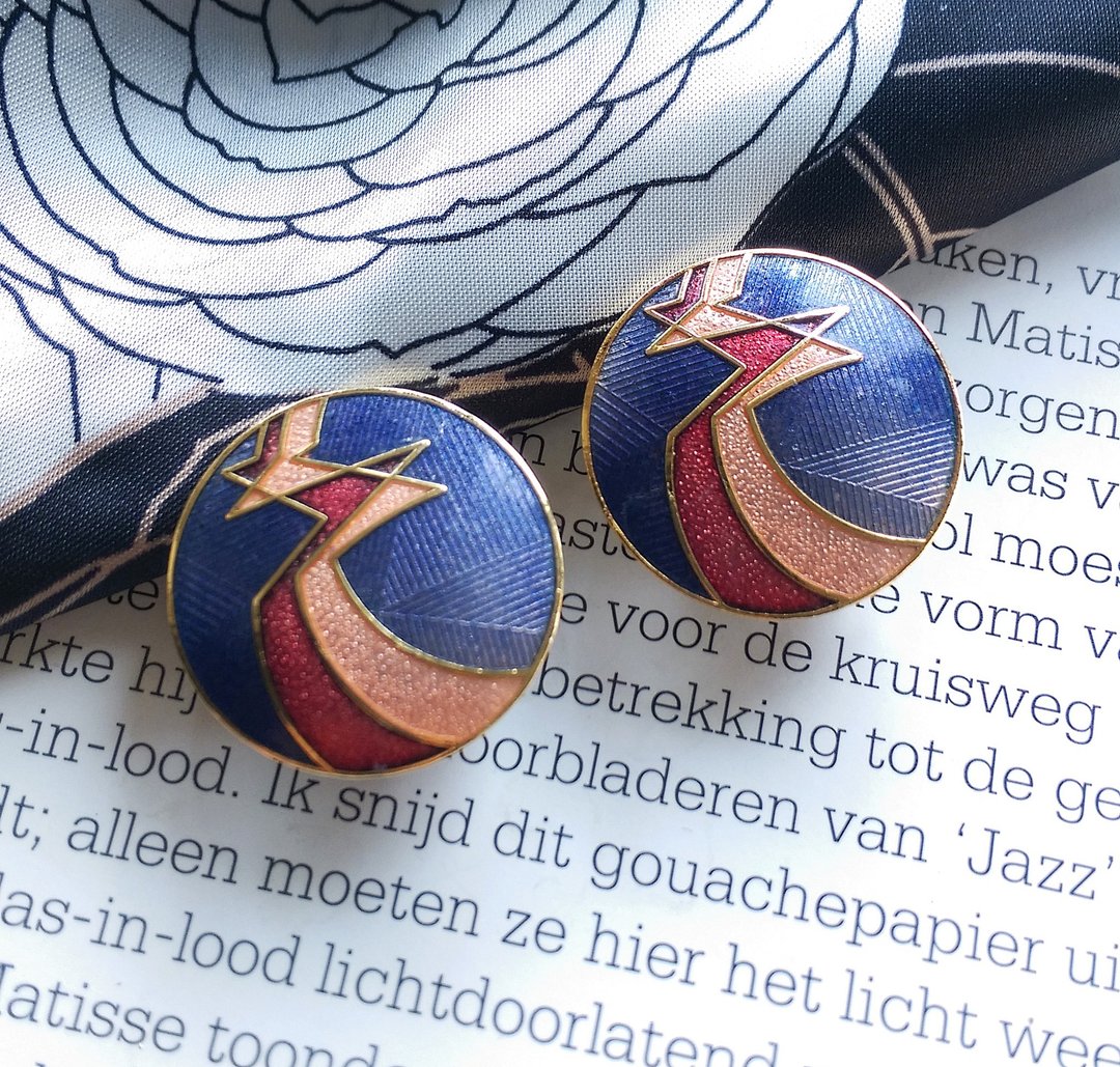 Vintage Jewelry  景泰蓝 圆紫底 天堂鸟意象 夹式耳环 - 耳环/耳夹 - 其他金属 金色