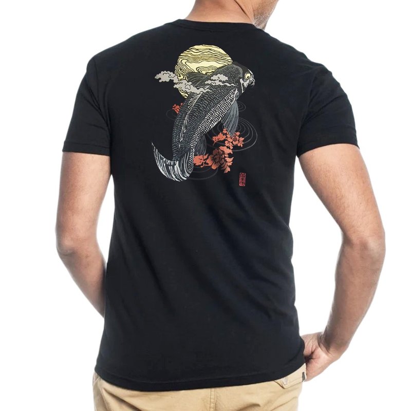 日本制艺术 T 恤 鲤鱼 100% 纯棉 男女皆宜 黑 - 女装 T 恤 - 棉．麻 黑色