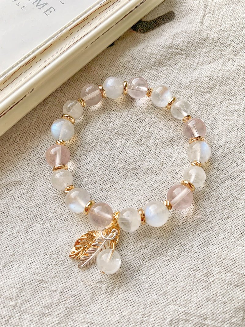 白幽灵/高品蓝晕白月光石/高品水透粉水晶 手作设计款能量水晶手 - 手链/手环 - 水晶 