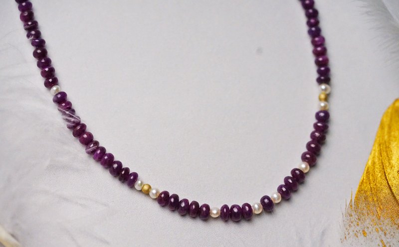 纯手工进口14K包金素面红宝石珍珠项链 - 项链 - 宝石 多色