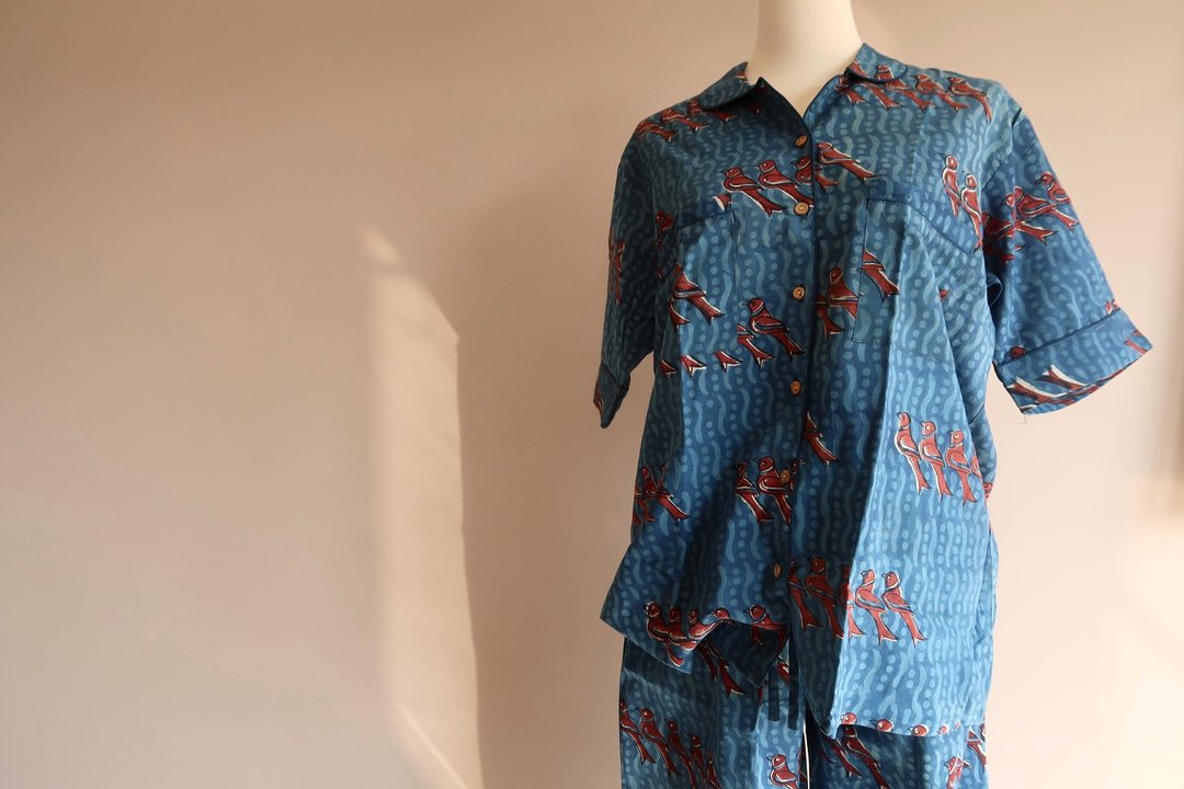 印度斋浦尔植染盖印居家服套装/上衣+长裤 - 居家服/睡衣 - 棉 蓝色
