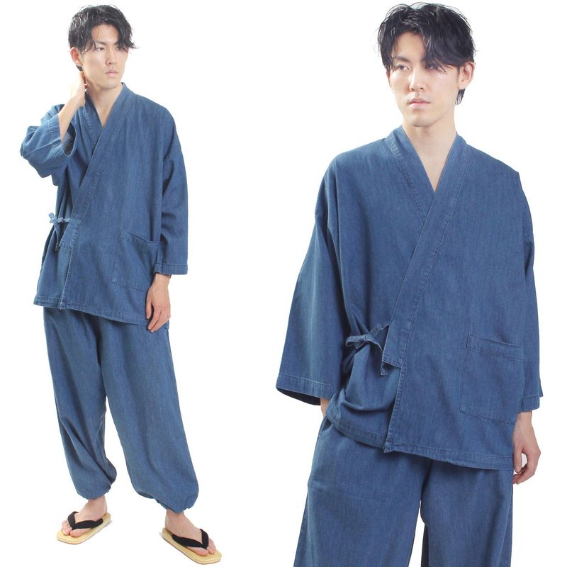 日本 和服 男性用 牛仔 丹宁 作务衣 套装 M L LL 蓝 - 居家服/睡衣 - 棉．麻 蓝色