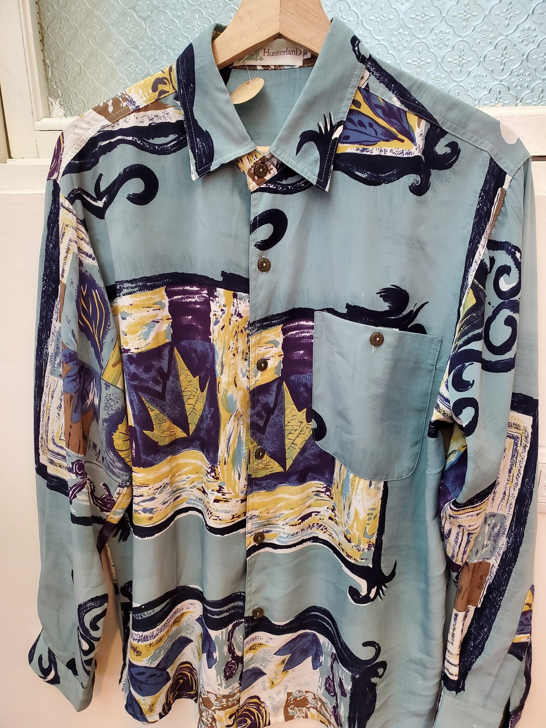 有礼貌穿搭 日本古着 丝质 手绘感图腾 长衬 M号 近全新 - 男装衬衫 - 棉 多色