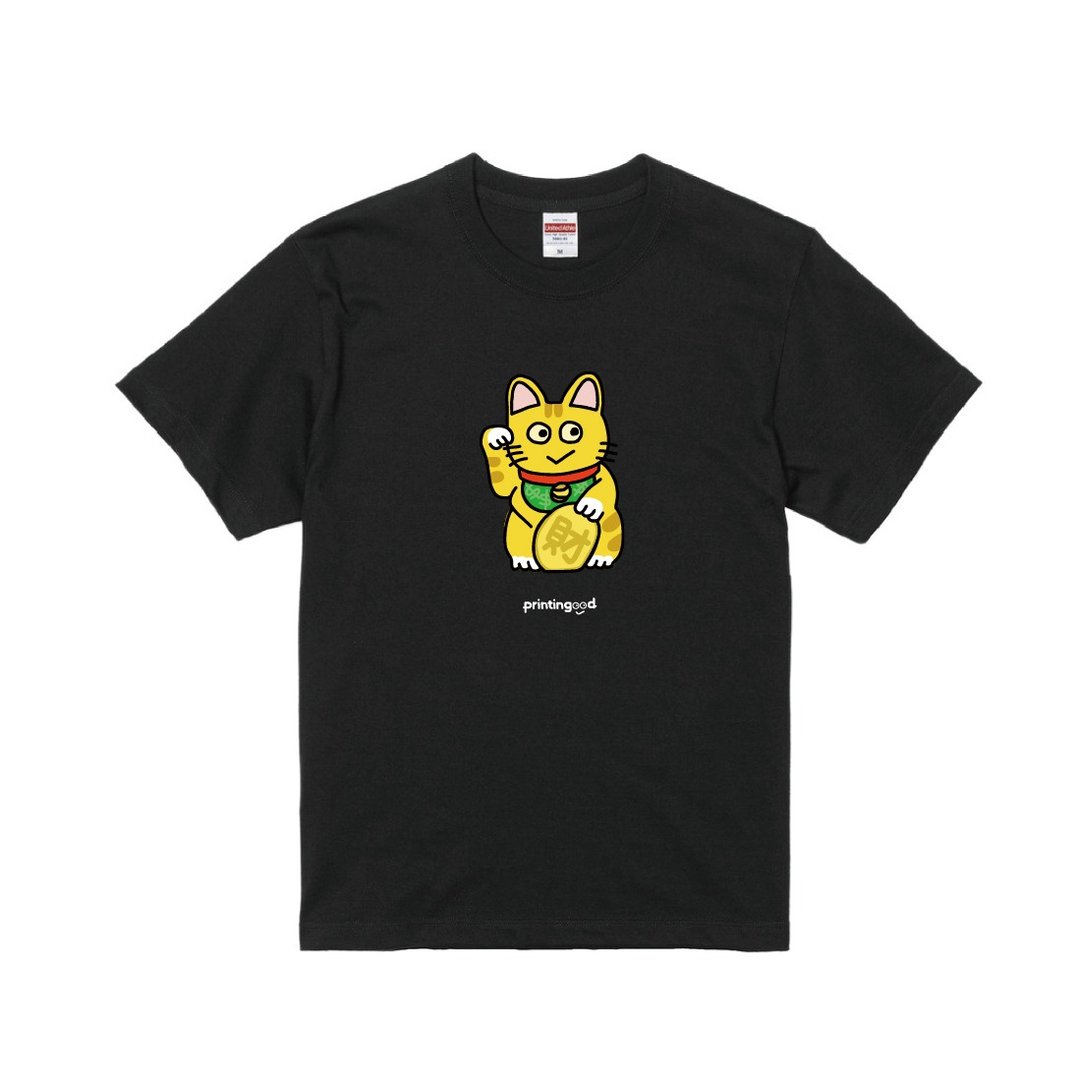 招财猫(招き猫) 短袖T恤 虎斑猫  黑t-shirt - 男装上衣/T 恤 - 棉．麻 多色