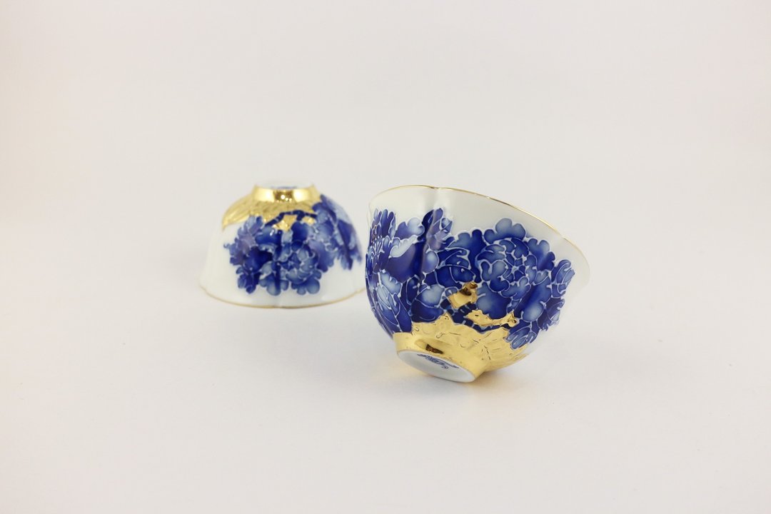 纯手绘茶杯-局部鎏金牡丹对杯(小癸口杯)-青花 - 茶具/茶杯 - 瓷 蓝色