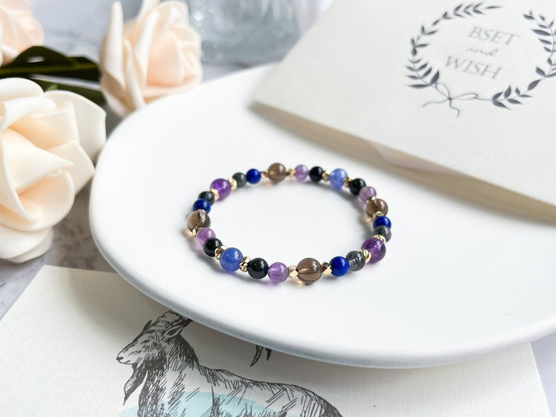 青金石 坦桑石 紫水晶 茶水晶 彩曜石 黑发晶 14K包金设计手链 - 手链/手环 - 水晶 多色