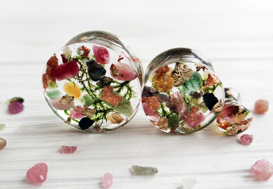 Watermelon tourmaline plugs earrings gauges jewelry Stone Moss - 耳环/耳夹 - 石头 多色