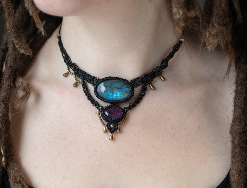 黑色拉长石紫水晶项链，编绳饰品 - 项链 - 宝石 黑色