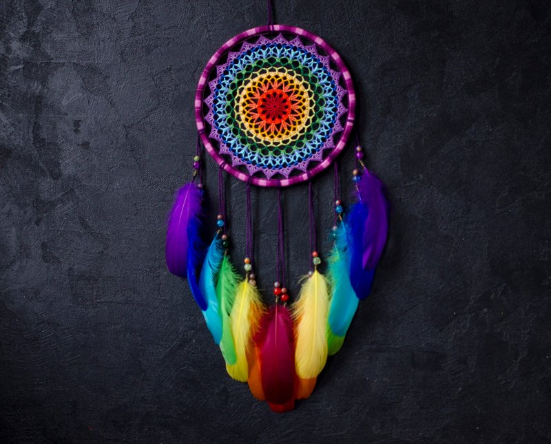 Rainbow mandala dreamcatcher Crochet doily wall hanging decor ตาข่ายดักฝันสีรุ้ง - 墙贴/壁贴 - 绣线 多色