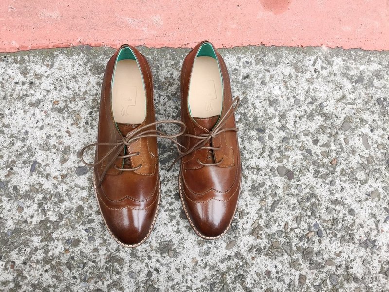 画儿#8027||小牛皮牛津鞋金斯曼  棕绿  || - 女款牛津鞋/乐福鞋 - 真皮 卡其色