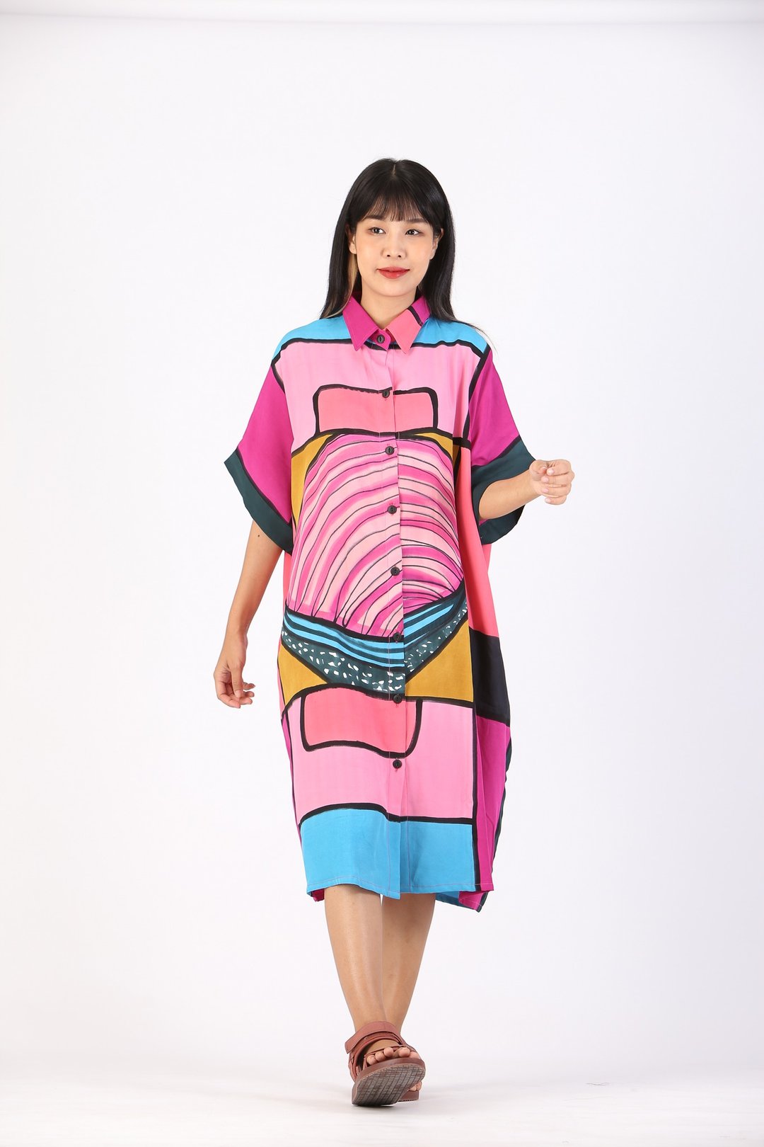 Dress Shirt Kaftan Cotton Rayon Hand Paint Free Size - 洋装/连衣裙 - 棉 粉红色