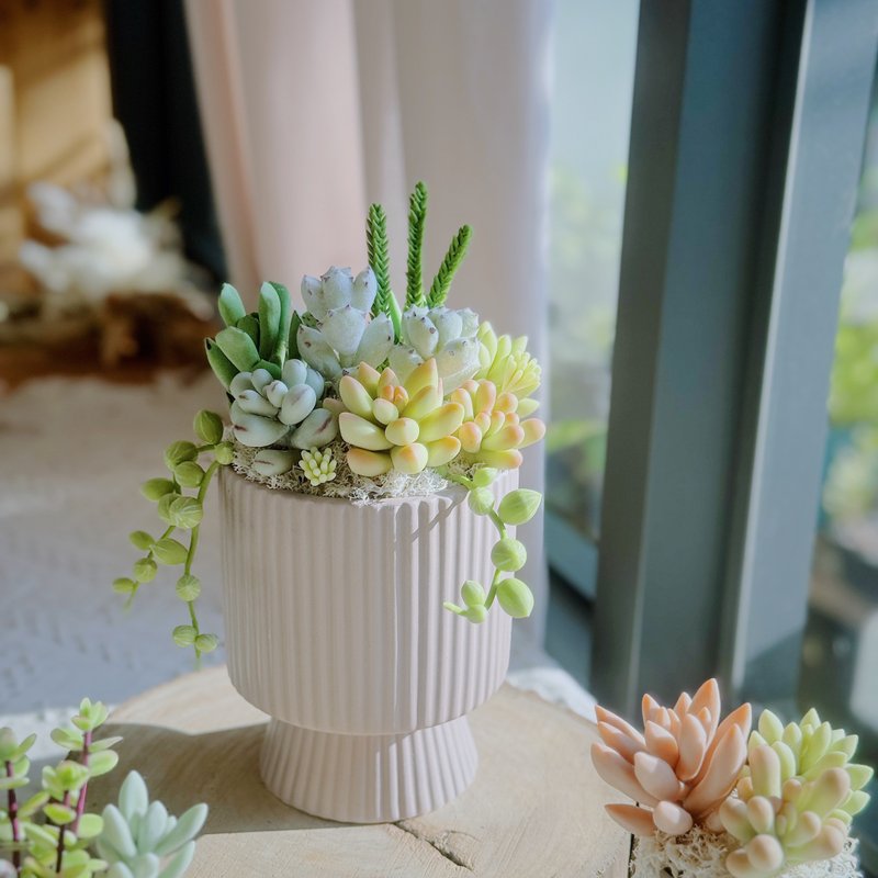 【日系礼物】多肉大花园(竖纹款-裸色).手作黏土多肉植物.附提袋 - 摆饰 - 粘土 绿色