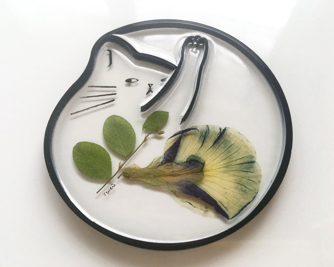 成品 猫咪 压花 杯垫及饰物盘  二用多功能设计 仅此一件 - 杯垫 - 树脂 卡其色