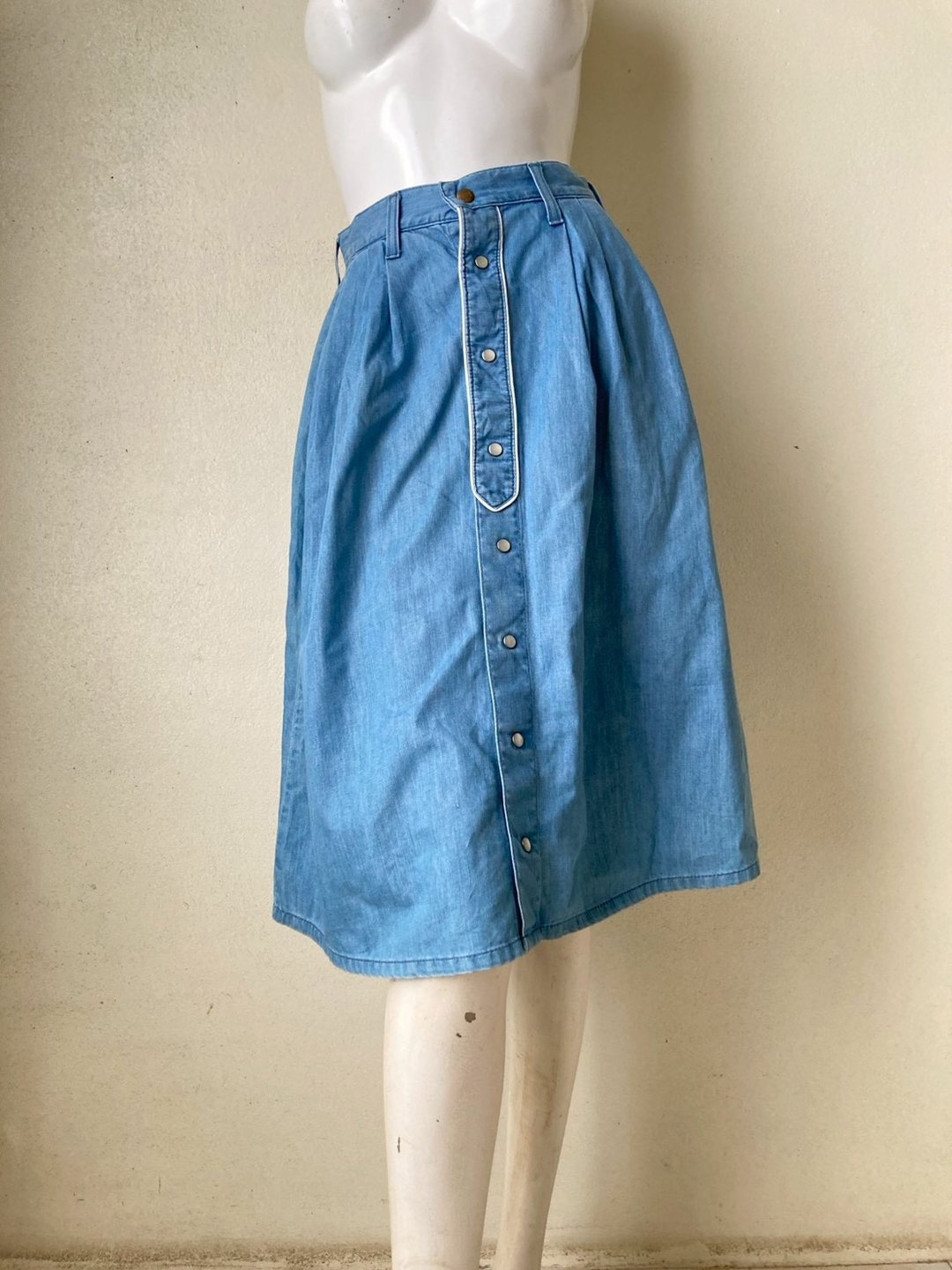 复古蓝色牛仔 1980 年代西部风格泼墨洗中长裙，尺寸 XS - 裙子 - 其他人造纤维 