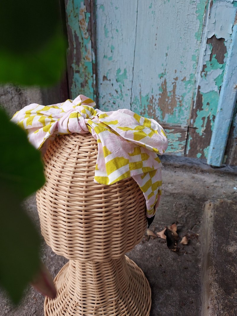 手作发箍 条纹粉黄 - 发带/发箍 - 棉．麻 粉红色