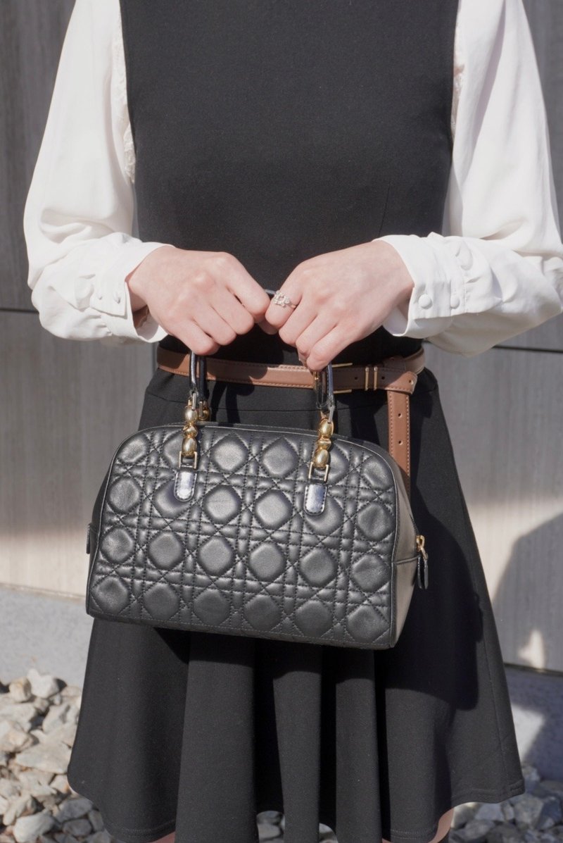 【日本直送 名牌中古包】Christian Dior Malice Pearl 手提包 黑色 Cannage 藤格纹皮革 迷你波士顿包 vintage ffmc6u - 手提包/手提袋 - 真皮 黑色
