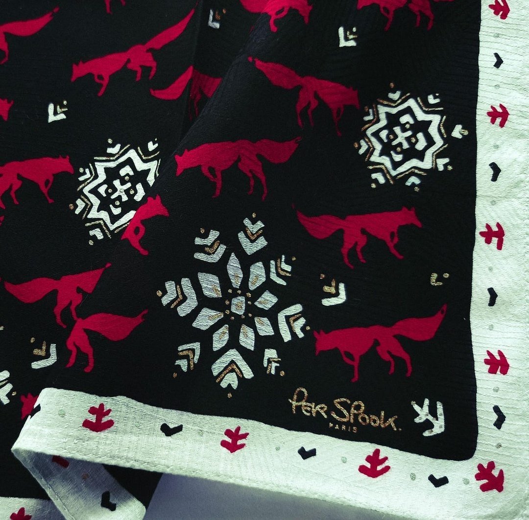 古董 Per Spook Paris 棉质手帕：圣诞、狐狸、雪花 (20.5 x 2 - 丝巾 - 棉 黑色