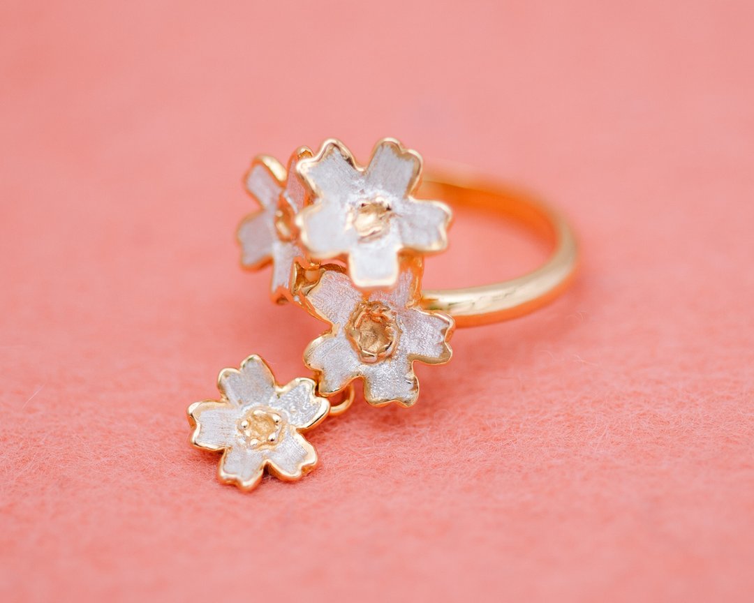 Sakura ring - Four flowers - Japanese cherry blossom ring - 戒指 - 银 金色